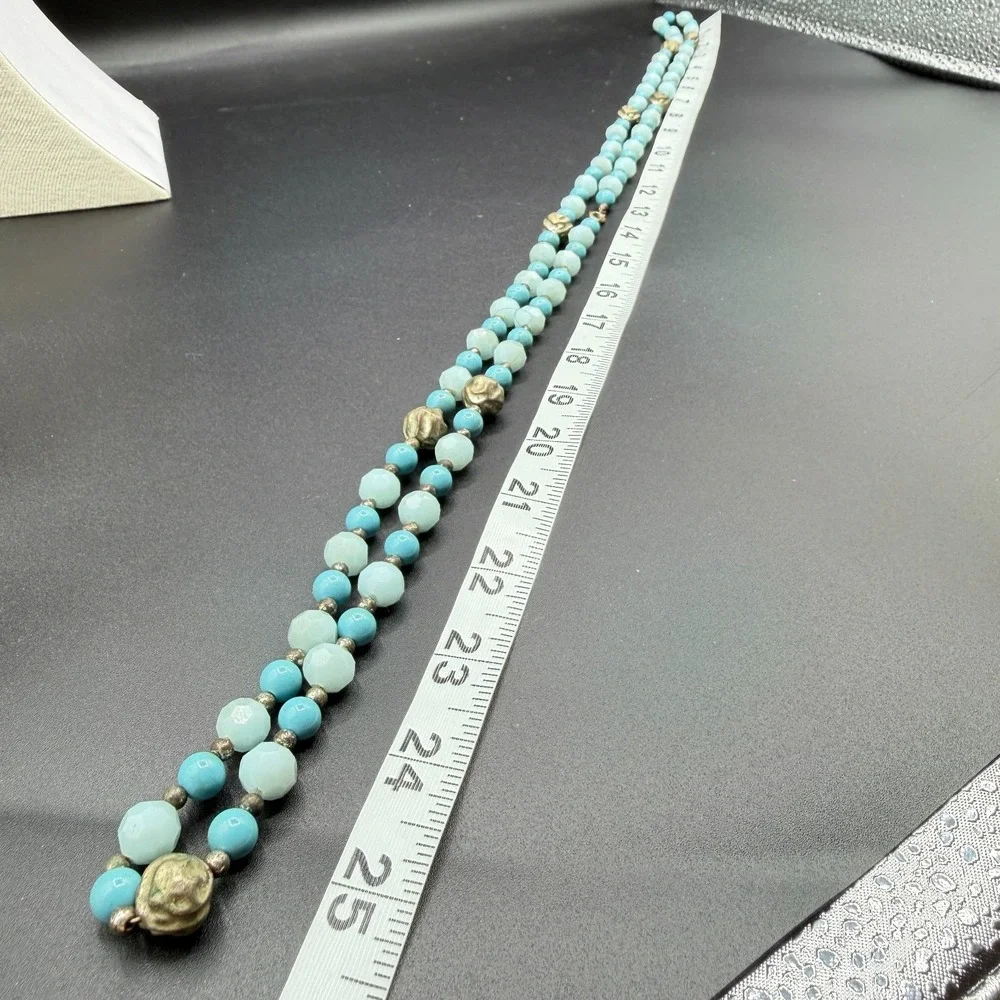 Turquoise & Silver Tone Blue Beaded Double Strand Necklace Faceted Boho Jewelry